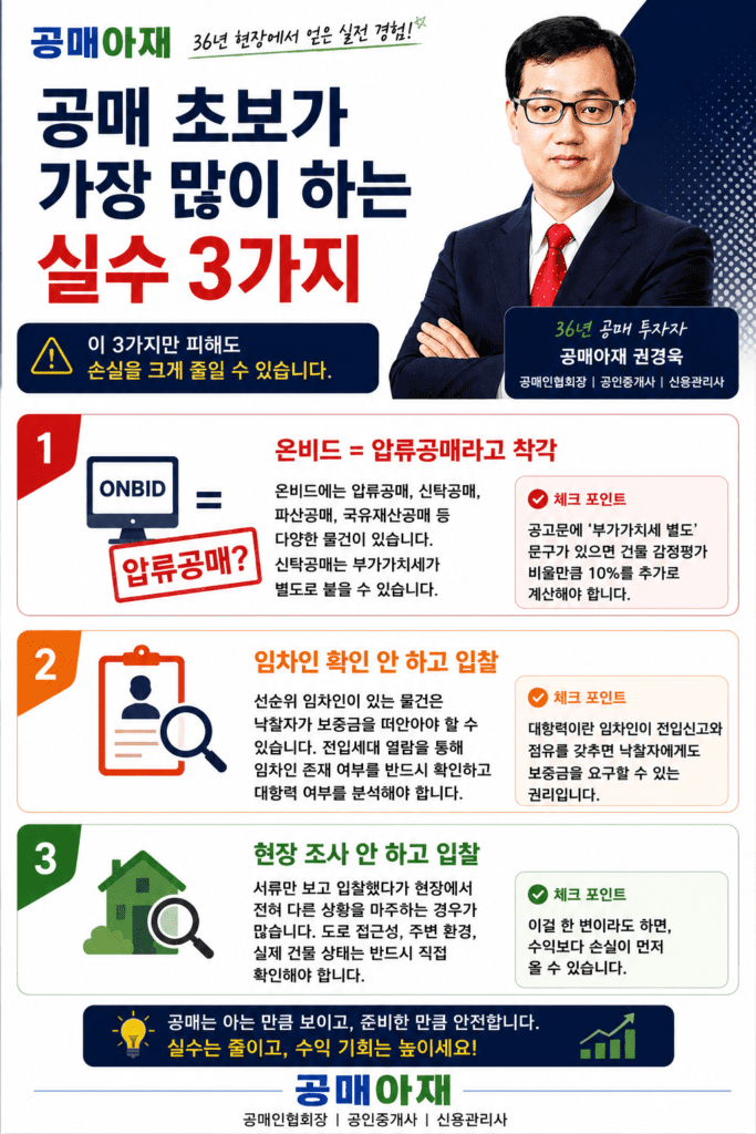 공매 초보가 자주 하는 실수인 공매 종류 착각, 임차인 미확인, 현장조사 생략을 정리한 인포그래픽