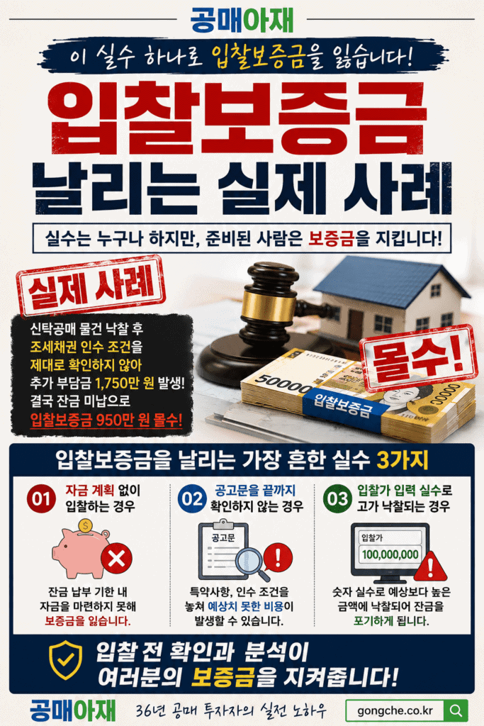 신탁공매 조세채권 압류금액 인수 조건의 함정으로 입찰보증금을 잃을 수 있는 사례 설명