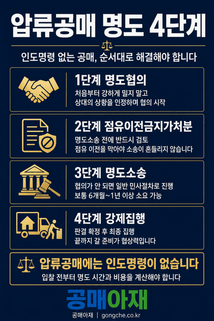 압류공매 명도 4단계를 설명하는 세로형 인포그래픽 이미지로, 인도명령 없는 공매에서 명도협의, 점유이전금지가처분, 명도소송, 강제집행 순서로 해결해야 한다는 내용을 안내합니다.
