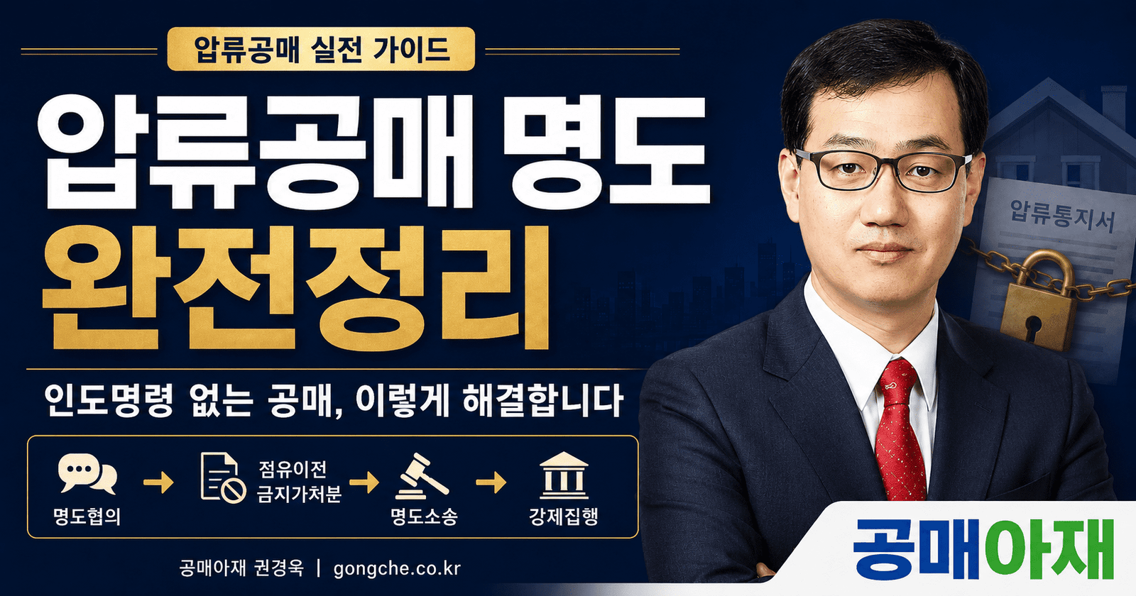 압류공매 명도 완전정리를 설명하는 블로그 대표이미지로, 인도명령 없는 공매에서 명도협의, 점유이전금지가처분, 명도소송, 강제집행 절차를 단계별로 안내하는 이미지