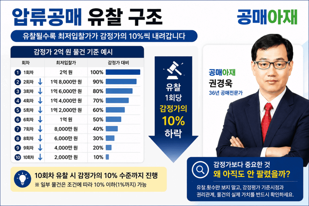 압류공매 유찰 구조를 설명하는 인포그래픽 이미지. 감정가 2억 원 물건을 기준으로 1회차 100%, 5회차 60%, 6회차 50%, 10회차 10%까지 최저입찰가가 하락하는 과정을 공매아재 권경욱이 설명하는 이미지