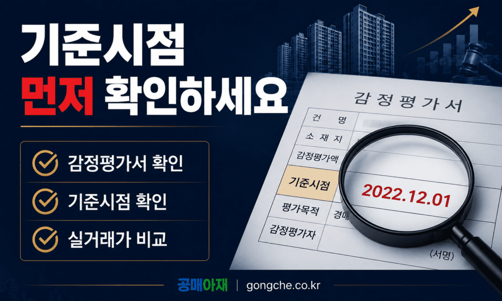 온비드 감정평가서에서 기준시점을 먼저 확인하고 실거래가와 비교해야 한다는 내용을 설명하는 이미지