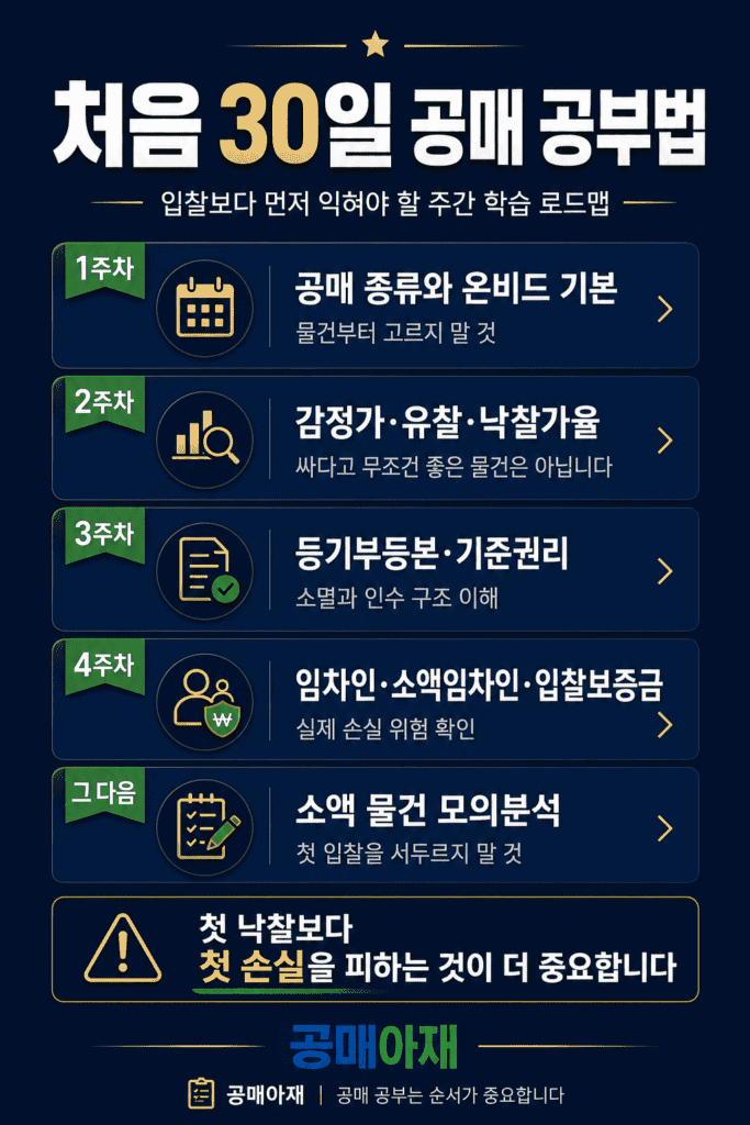 공매 초보자가 처음 30일 동안 공매 종류, 온비드 사용법, 가격 판단, 권리분석, 임차인 리스크를 순서대로 공부하는 로드맵 이미지