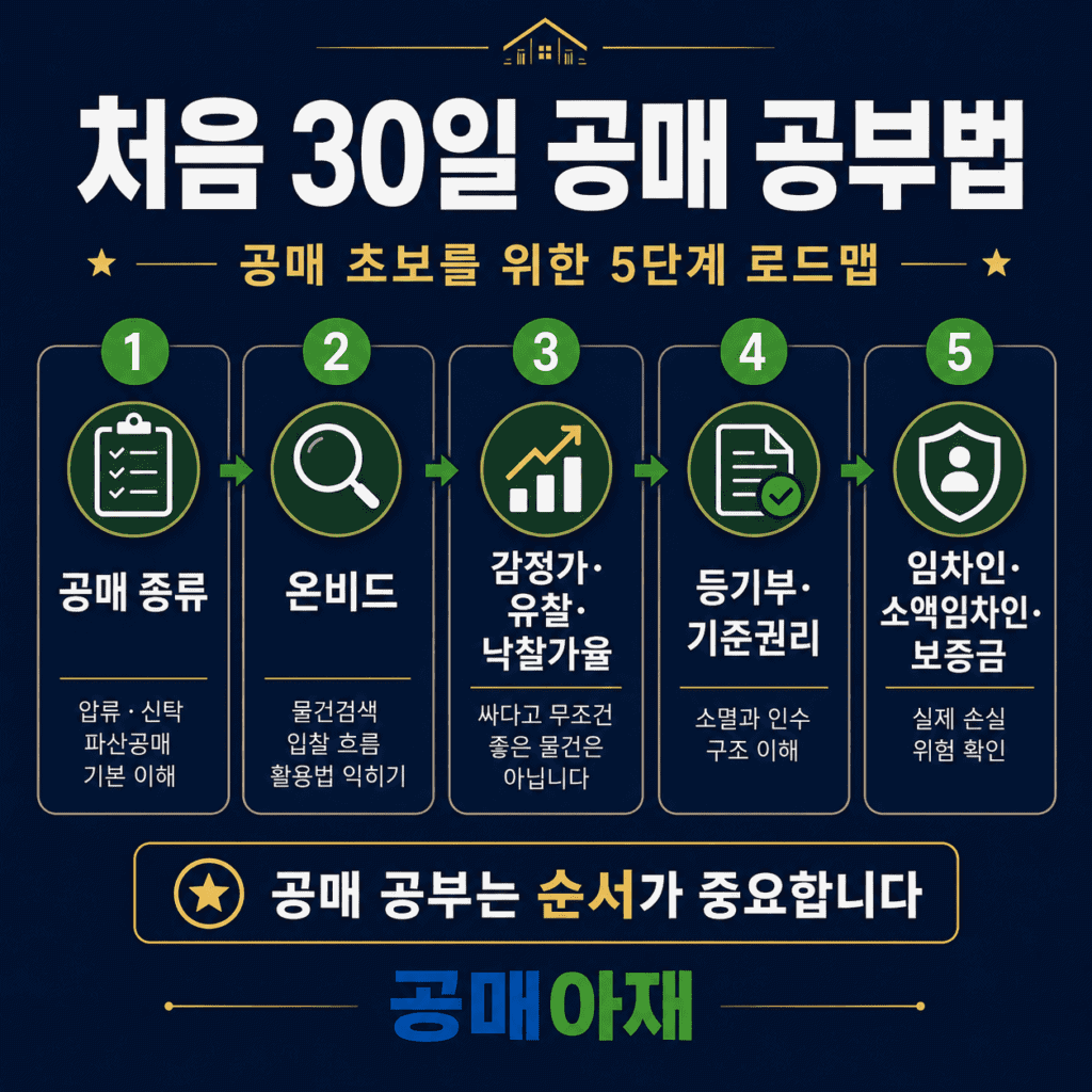 처음 30일 공매 공부법을 5단계로 정리한 정사각형 이미지. 공매 초보를 위한 학습 로드맵을 한눈에 보여줍니다.