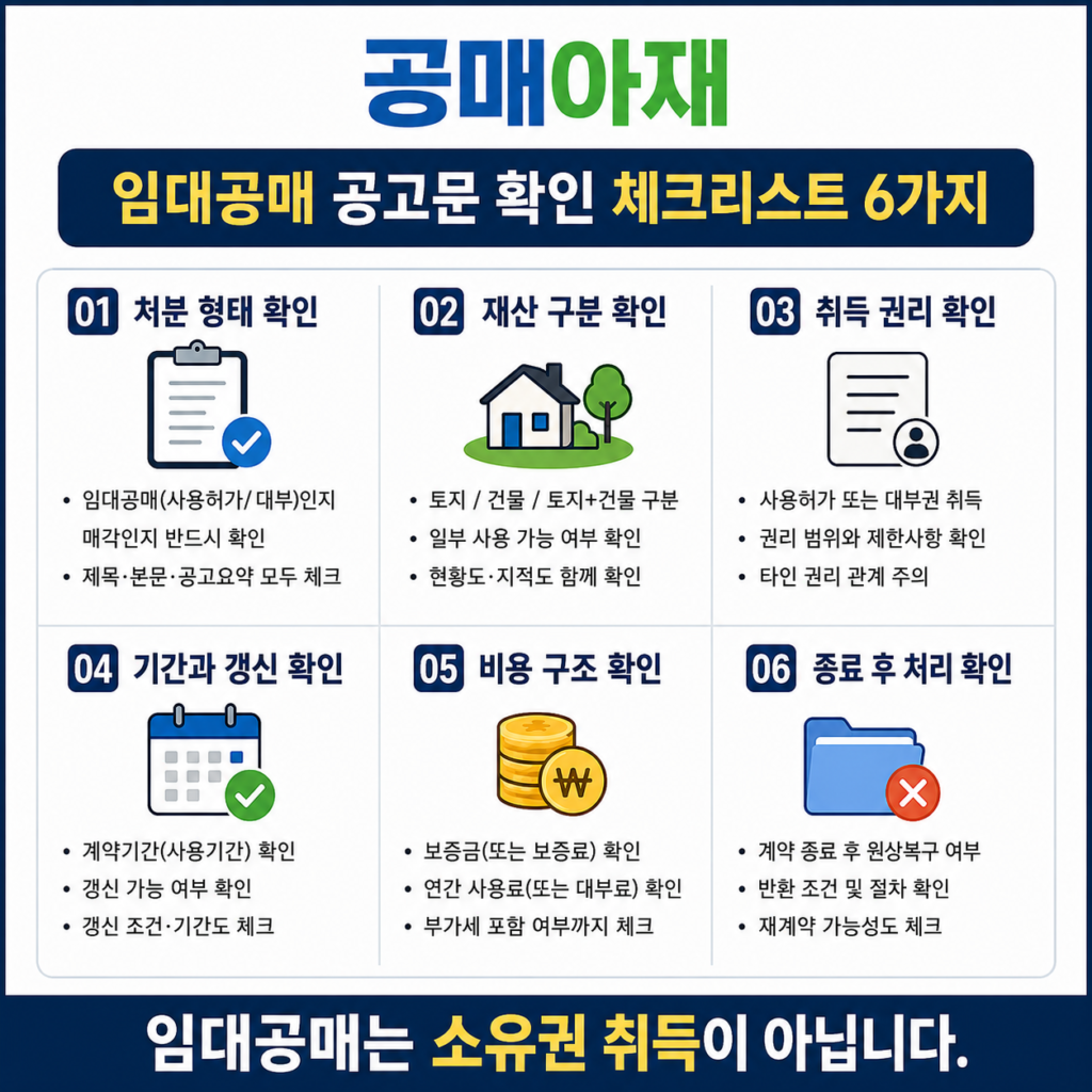 임대공매 공고문에서 반드시 확인해야 할 6가지 사항을 정리한 체크리스트 이미지