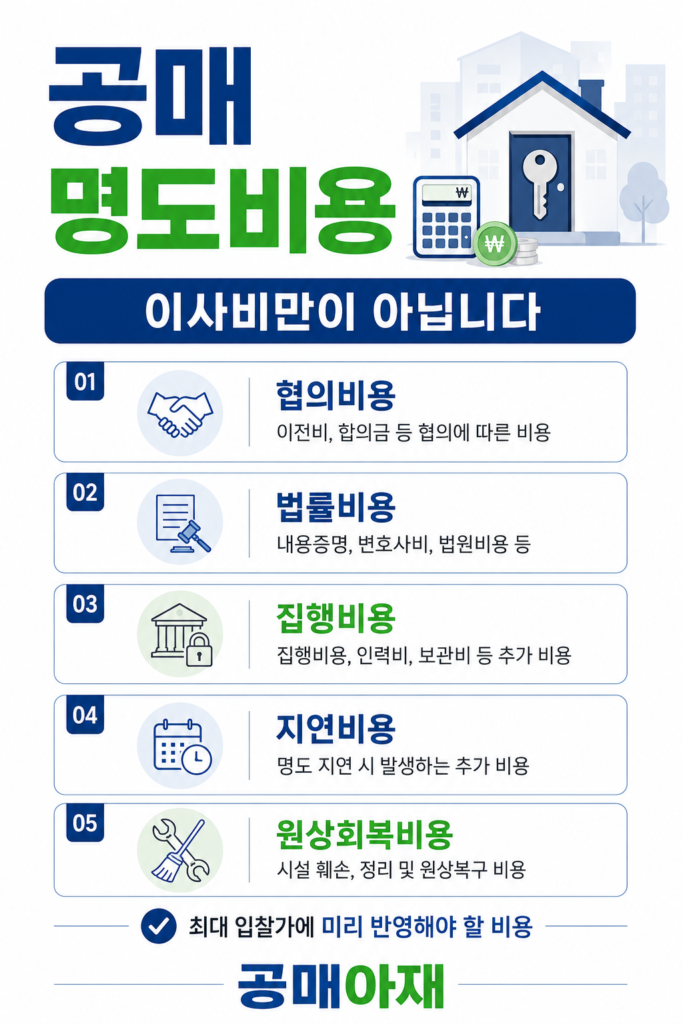 공매 명도비용의 협의비용, 법률비용, 집행비용, 지연비용, 원상회복비용 5가지를 정리한 인포그래픽