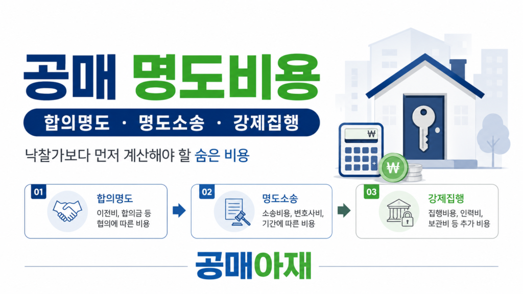 공매 명도비용을 합의명도, 명도소송, 강제집행 단계로 나누어 설명한 대표 이미지