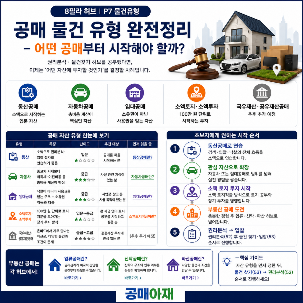 공매 물건 유형 한눈에 보기 체크리스트 인포그래픽으로 공매 자산별 특징과 난이도 및 추천 대상을 요약한 이미지