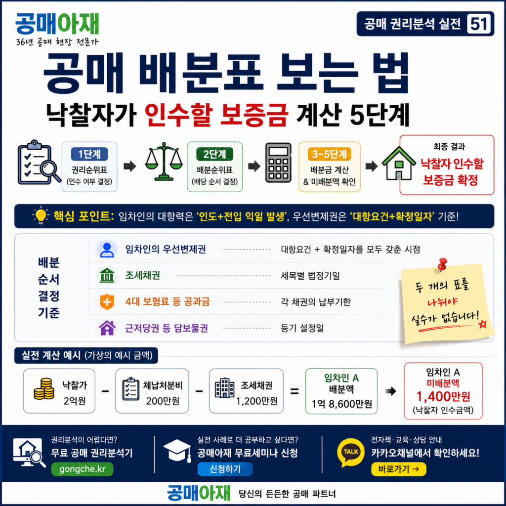 공매 배분표 계산 5단계와 낙찰자가 인수할 보증금 산정 절차를 정리한 인포그래픽