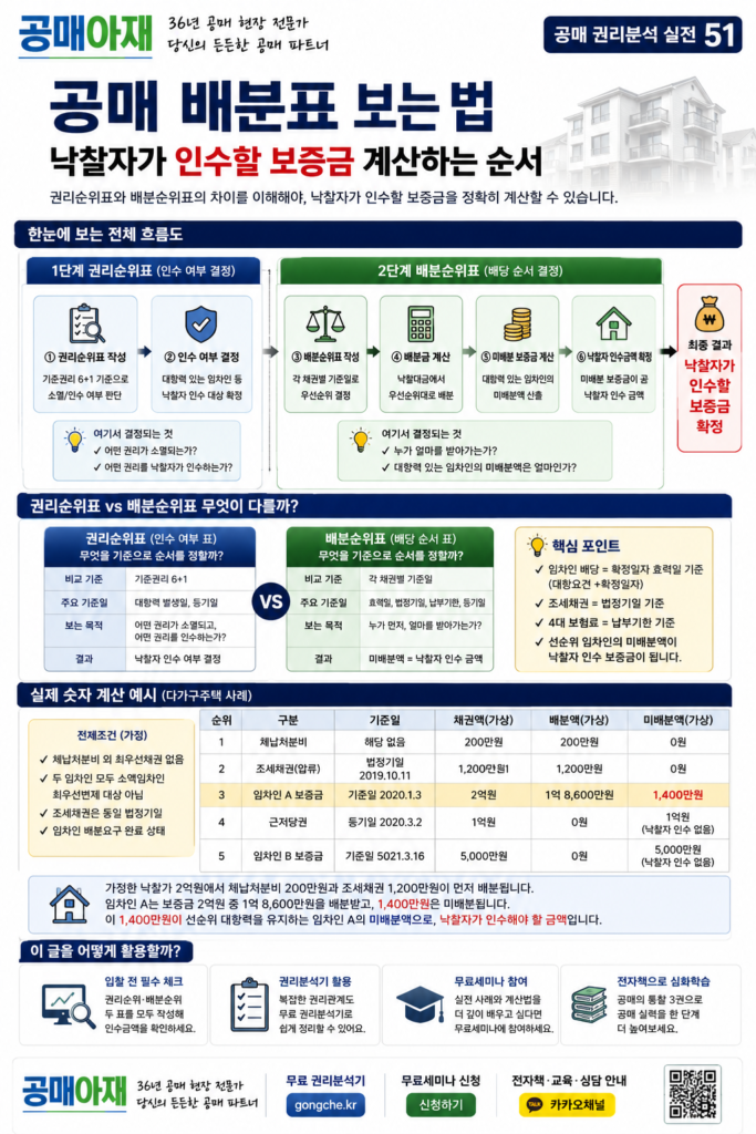 권리순위표와 배분순위표의 차이와 낙찰자 인수 보증금 계산 과정을 설명한 인포그래픽