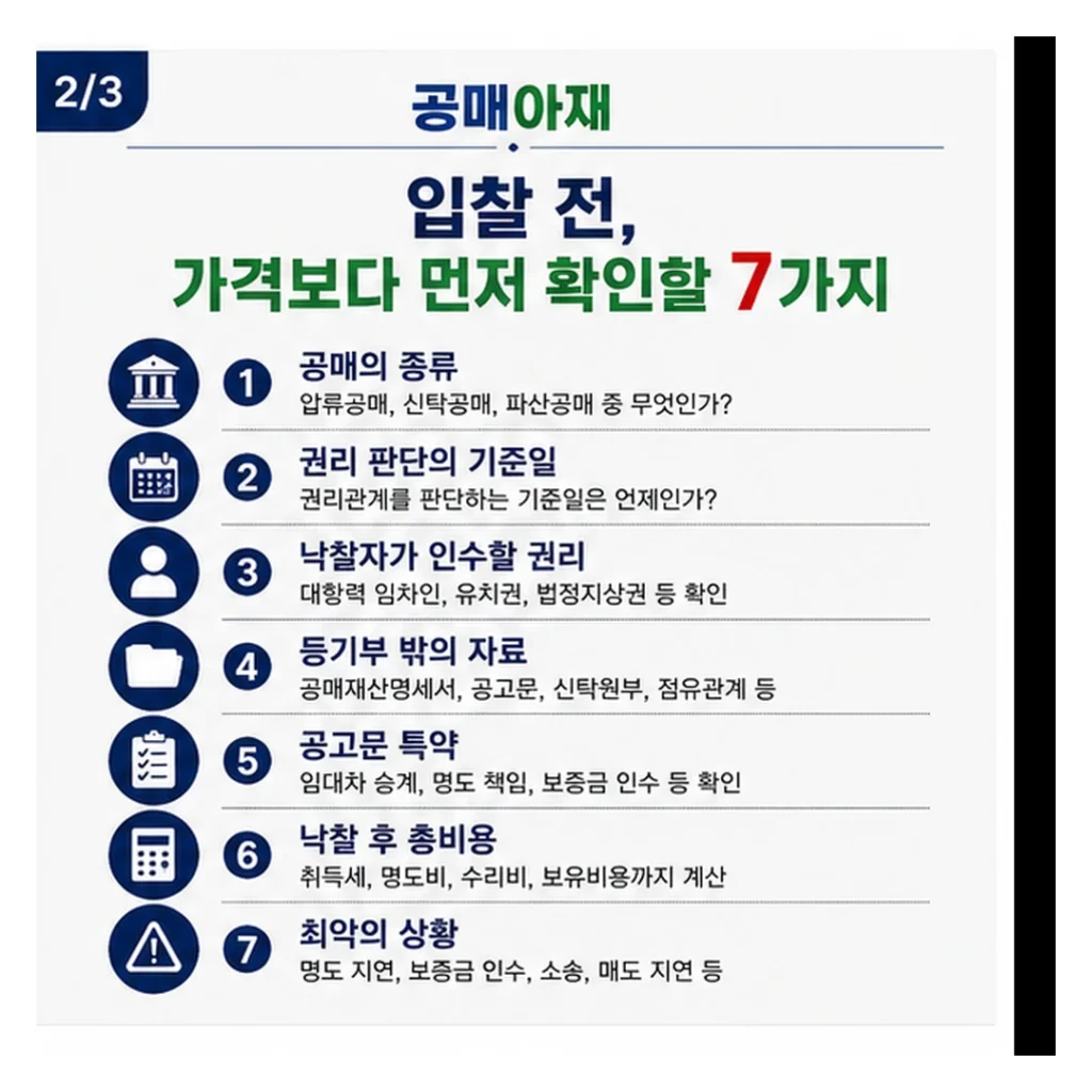 공매아재 카드뉴스 두 번째 장. 공매 입찰 전에 가격보다 먼저 확인할 7가지 항목을 안내한다. 공매 종류, 권리판단 기준일, 낙찰자가 인수할 권리, 등기부 밖의 자료, 공고문 특약, 낙찰 후 총비용, 최악의 상황을 아이콘과 함께 정리한 체크리스트다.