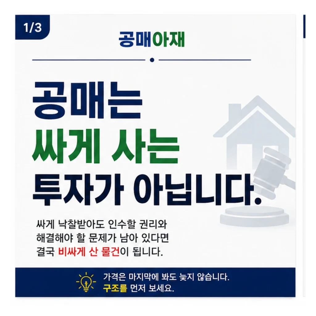 공매아재 카드뉴스 첫 장. 흰색 배경에 ‘공매는 싸게 사는 투자가 아닙니다’라는 제목이 크게 표시되어 있다. 오른쪽에는 주택과 경매 망치 이미지가 있으며, 싸게 낙찰받아도 인수할 권리와 해결할 문제가 남아 있다면 비싸게 산 물건이 된다는 내용을 설명한다.