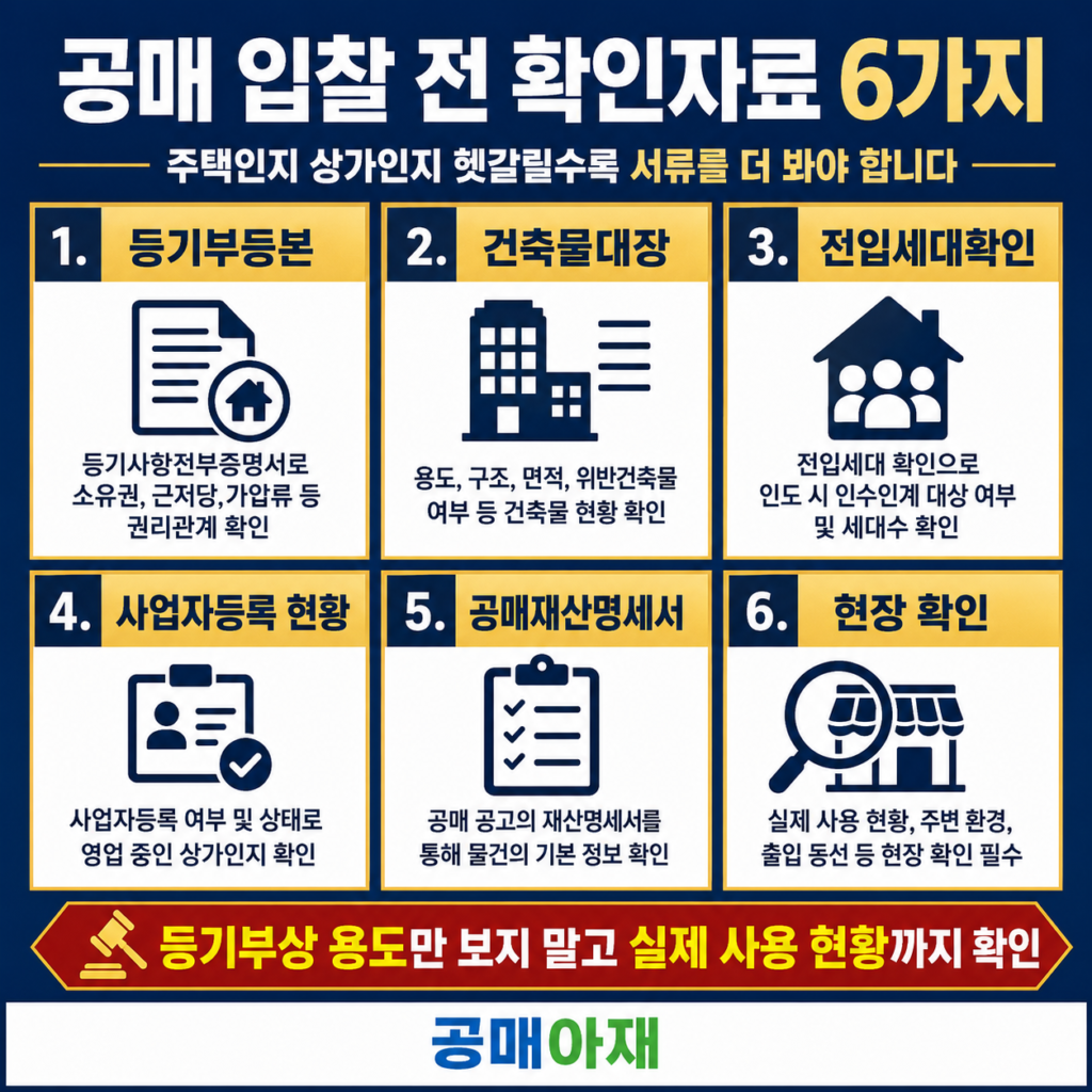 공매 임차인 분석에서 등기부등본, 건축물대장, 전입세대확인, 사업자등록 현황, 공매재산명세서, 현장 확인이 필요하다는 체크리스트 이미지