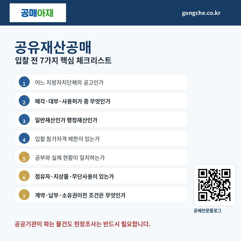 공유재산공매 입찰 전 반드시 확인해야 할 공고기관, 처분 유형, 재산 구분, 조례, 현황, 점유, 계약조건 등 7가지 핵심 체크리스트를 정리한 공매아재 인포그래픽