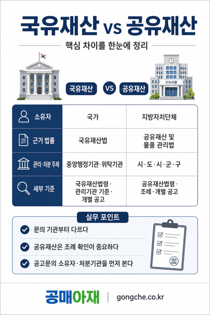 국유재산과 공유재산의 소유자, 근거 법률, 관리·처분 주체, 세부 기준을 비교한 표 이미지