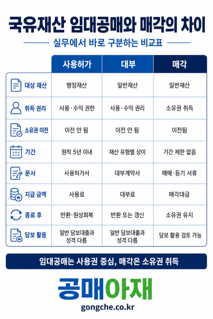 국유재산 임대공매의 사용허가·대부와 매각의 차이를 실무 기준으로 비교한 세로형 표 이미지