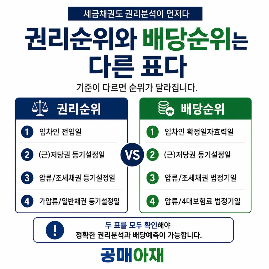 권리순위와 배당순위를 비교해 임차인 확정일자와 조세채권 법정기일을 구분한 표