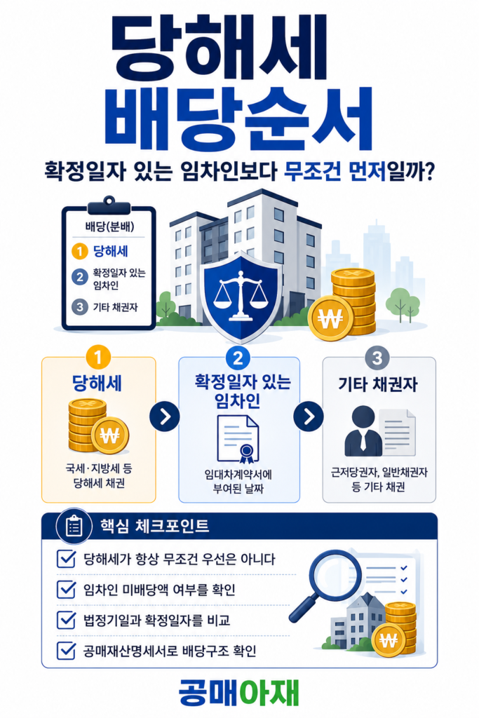 공매 당해세 배분순서에서 당해세 구분, 법정기일 확인, 확정일자 비교, 임차인 미배당액 범위를 순서대로 확인해야 한다는 세로형 체크리스트 이미지