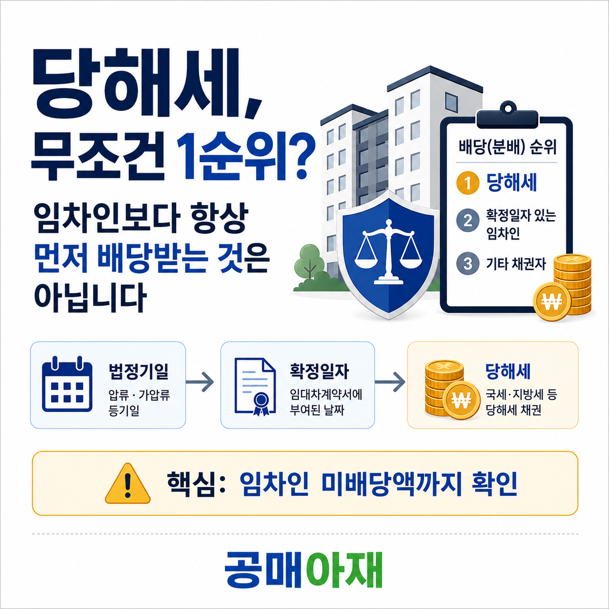 당해세 배분순서의 핵심 기준인 법정기일, 확정일자, 임차인 미배당액을 3줄로 정리한 공매 권리분석 인포그래픽 이미지