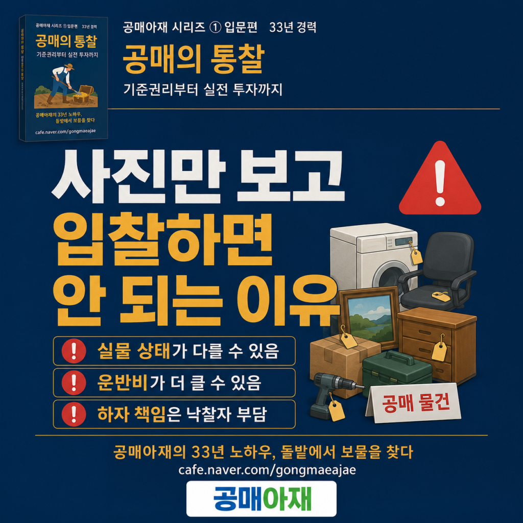동산공매에서 사진만 보고 입찰하면 실물 상태, 운반비, 하자 책임 때문에 위험할 수 있음을 설명하는 정사각형 인포그래픽 이미지