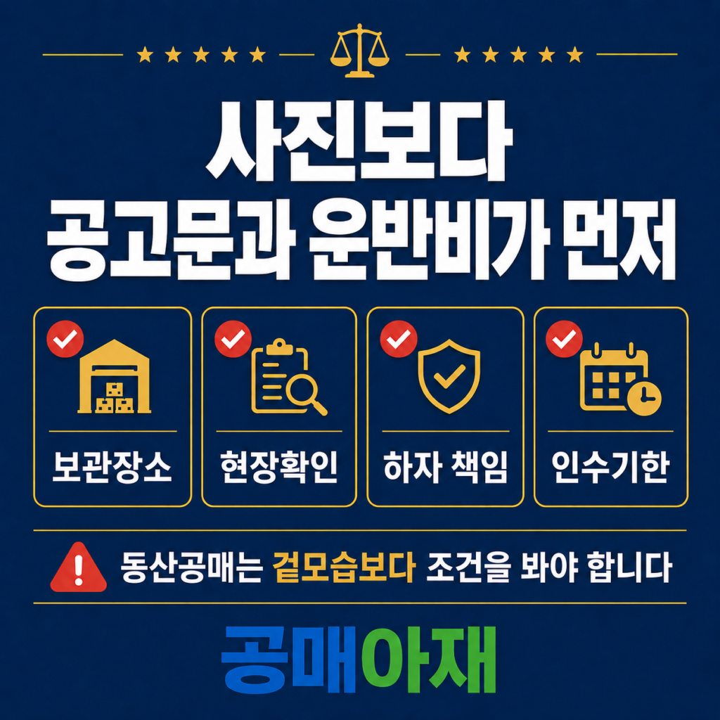동산공매에서 사진보다 공고문, 보관장소, 운반비, 하자 책임을 먼저 확인해야 한다는 정사각형 인포그래픽 이미지