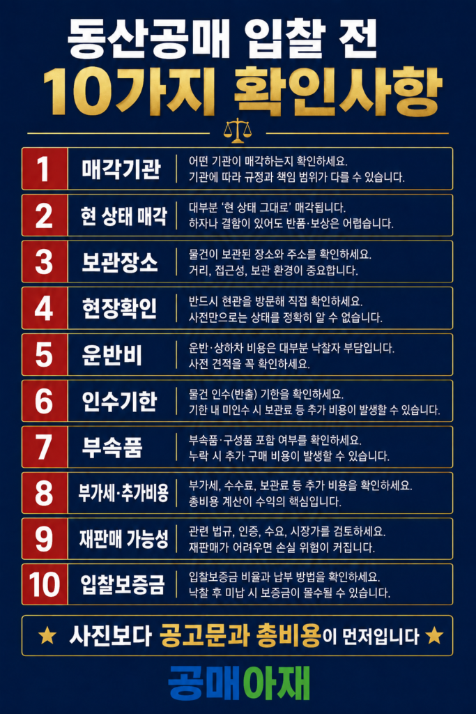 동산공매 입찰 전 공고문, 보관장소, 현장확인, 운반비, 인수기한, 하자 책임, 부가세, 입찰보증금을 확인해야 한다는 체크리스트 이미지