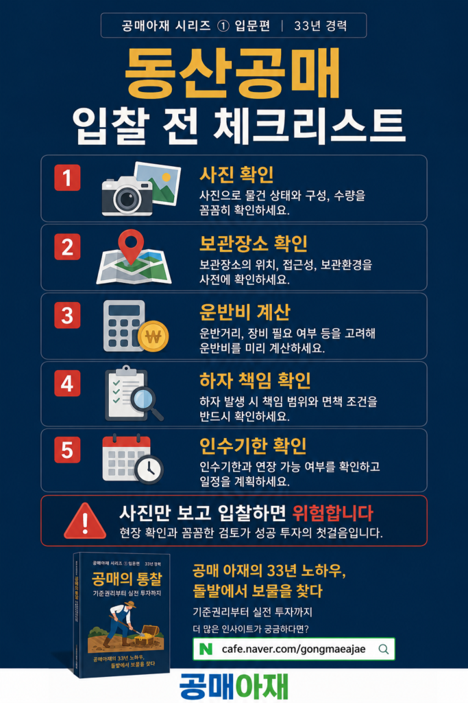 동산공매 입찰 전 사진 확인, 보관장소 확인, 운반비 계산, 하자 책임, 인수기한을 점검해야 한다는 체크리스트 이미지
