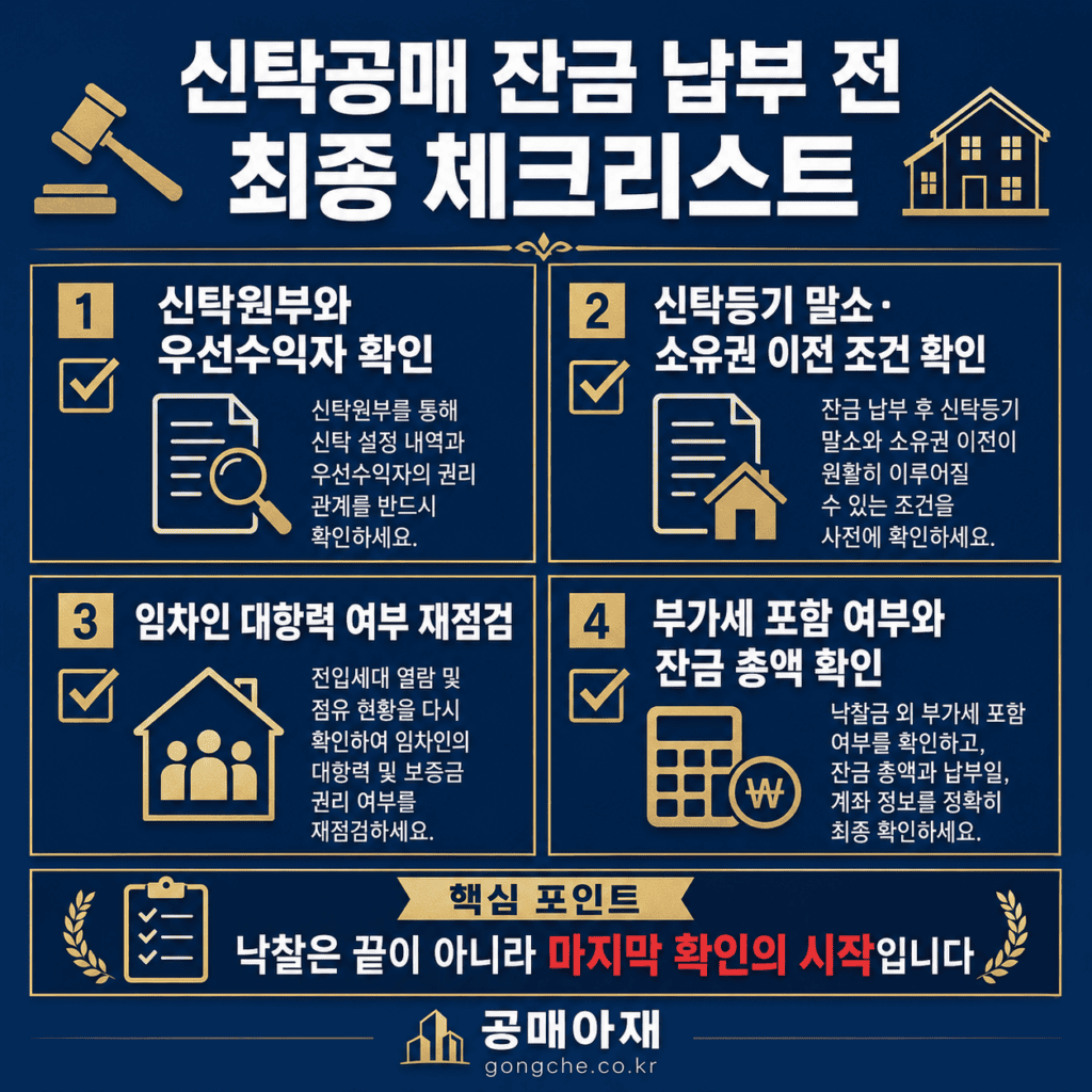 신탁공매 잔금 납부 전 신탁원부와 우선수익자, 신탁등기 말소와 소유권이전 조건, 임차인 대항력, 부가세 포함 여부를 최종 점검하는 체크리스트 이미지
