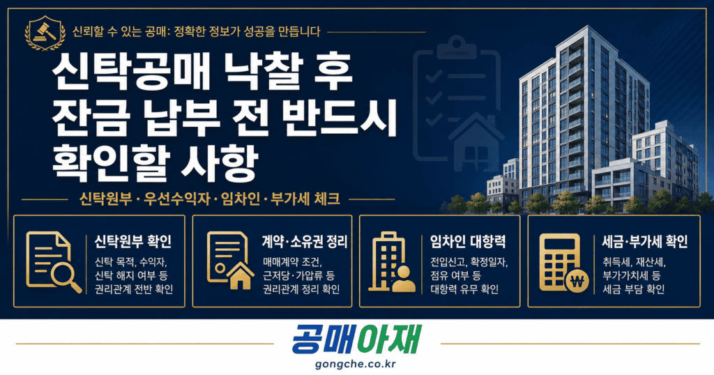 신탁공매 낙찰 후 잔금 납부 전 신탁원부, 우선수익자, 임차인 대항력, 세금과 부가세 확인사항을 정리한 대표 이미지