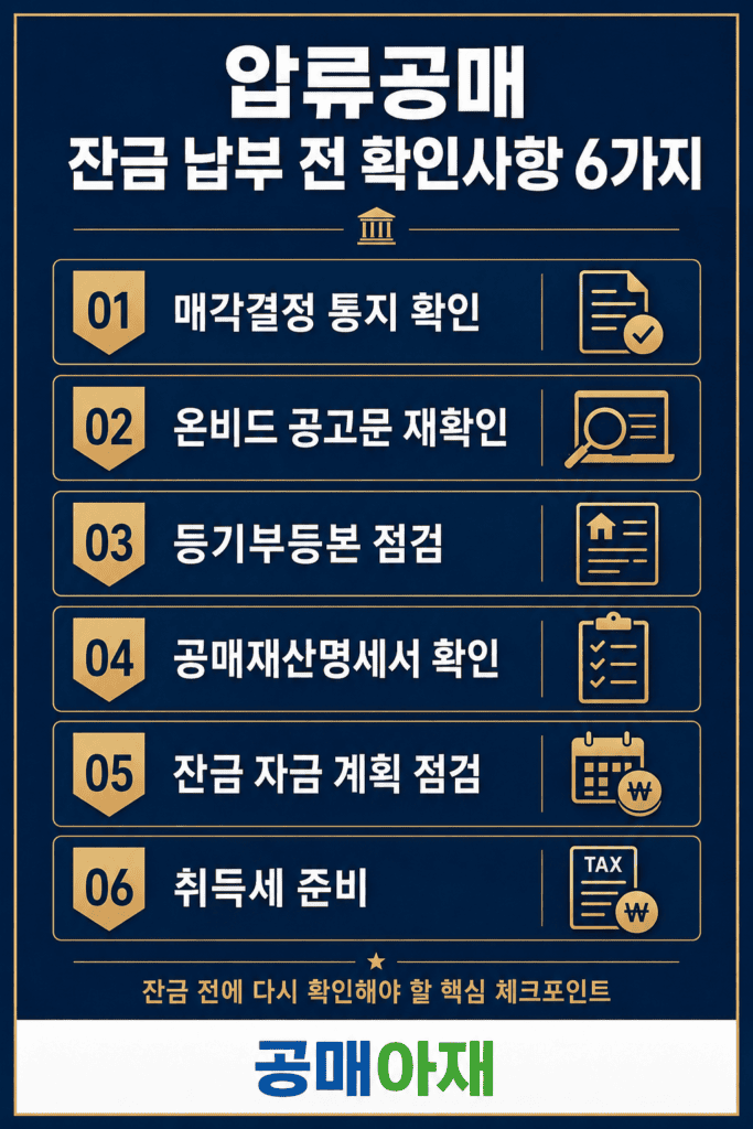 압류공매 잔금 납부 전 매각결정 통지, 온비드 공고문, 등기부등본, 공매재산명세서, 잔금 자금계획, 취득세 준비를 확인해야 한다는 세로형 체크리스트 이미지