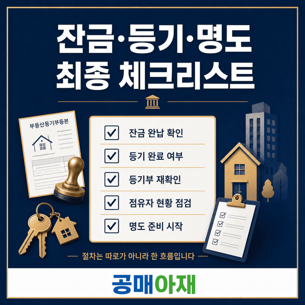 압류공매 낙찰 후 잔금, 등기, 명도 순서와 공매재산명세서, 체납세금, 점유이전금지가처분을 함께 확인해야 한다는 정사각형 체크리스트 이미지