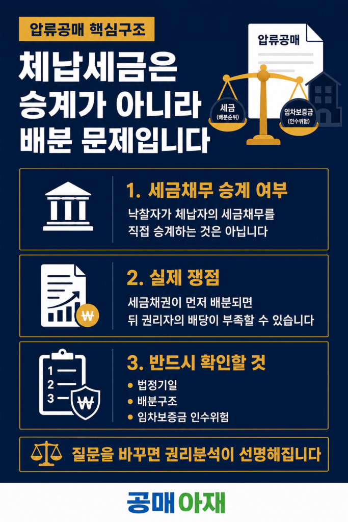 압류공매 체납세금은 낙찰자가 직접 승계하는 것이 아니라 매각대금 배분에서 처리되며 임차보증금 인수 위험을 함께 확인해야 한다는 세로형 설명 이미지