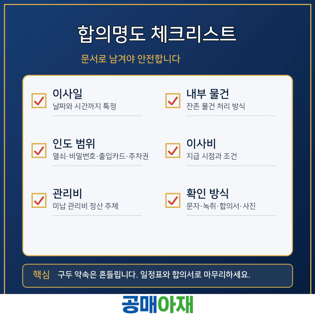 압류공매 합의명도에서 이사일, 인도 범위, 관리비, 내부 물건, 이사비, 확인 방식을 문서로 남겨야 한다는 정사각형 체크리스트 이미지