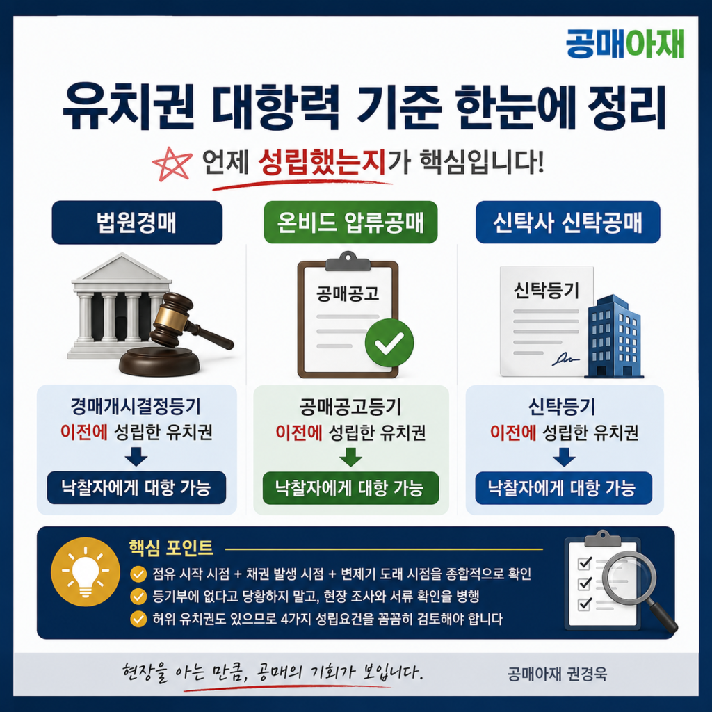 법원경매·온비드 압류공매·신탁공매 유치권 대항력 기준 비교
