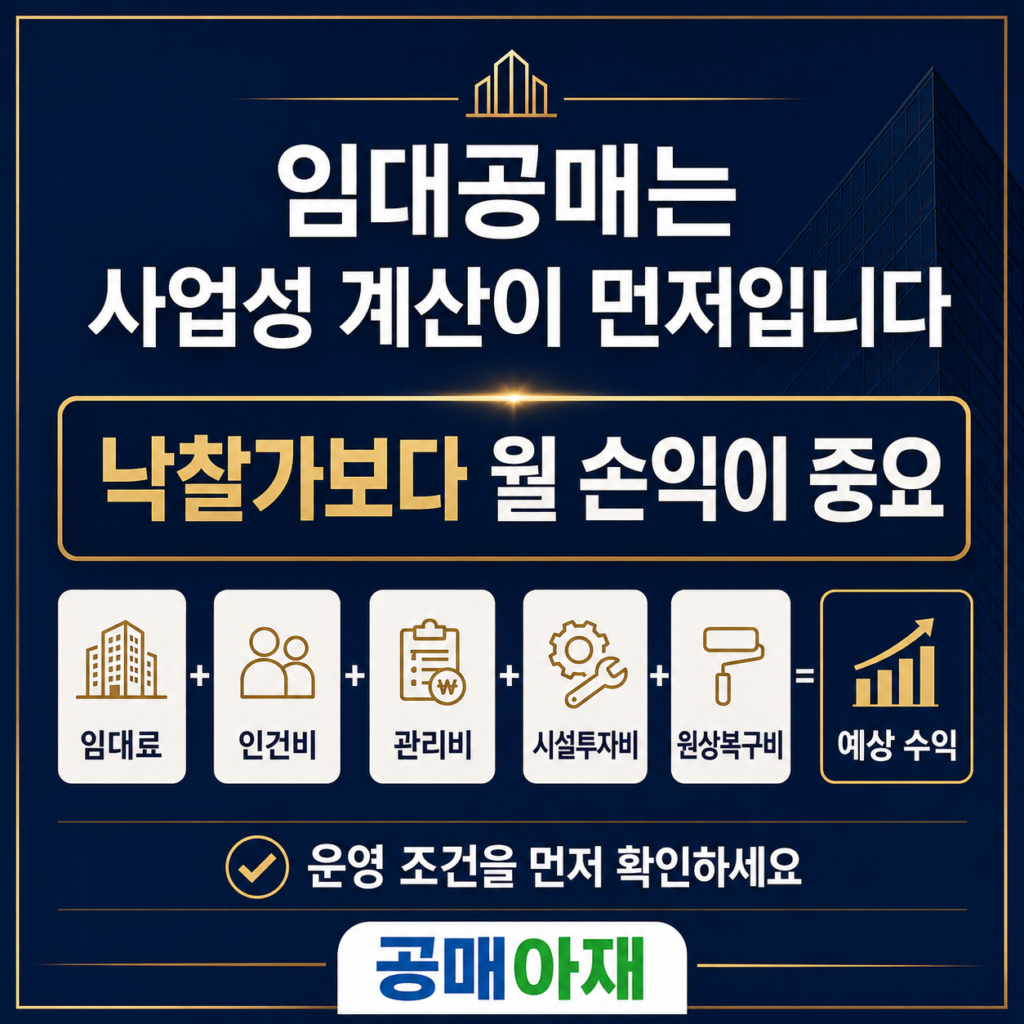 임대공매에서 낙찰가보다 임대료, 인건비, 관리비, 시설투자비, 원상복구비를 포함한 사업성 계산이 중요하다는 인포그래픽 이미지