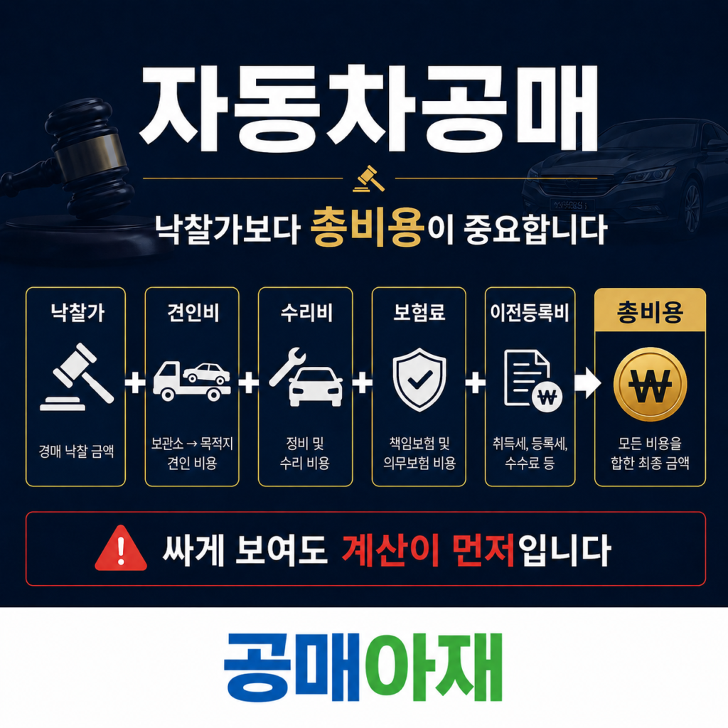 자동차공매에서 낙찰가보다 견인비, 수리비, 보험료, 이전등록 비용을 포함한 총비용 계산이 중요하다는 정사각형 인포그래픽 이미지