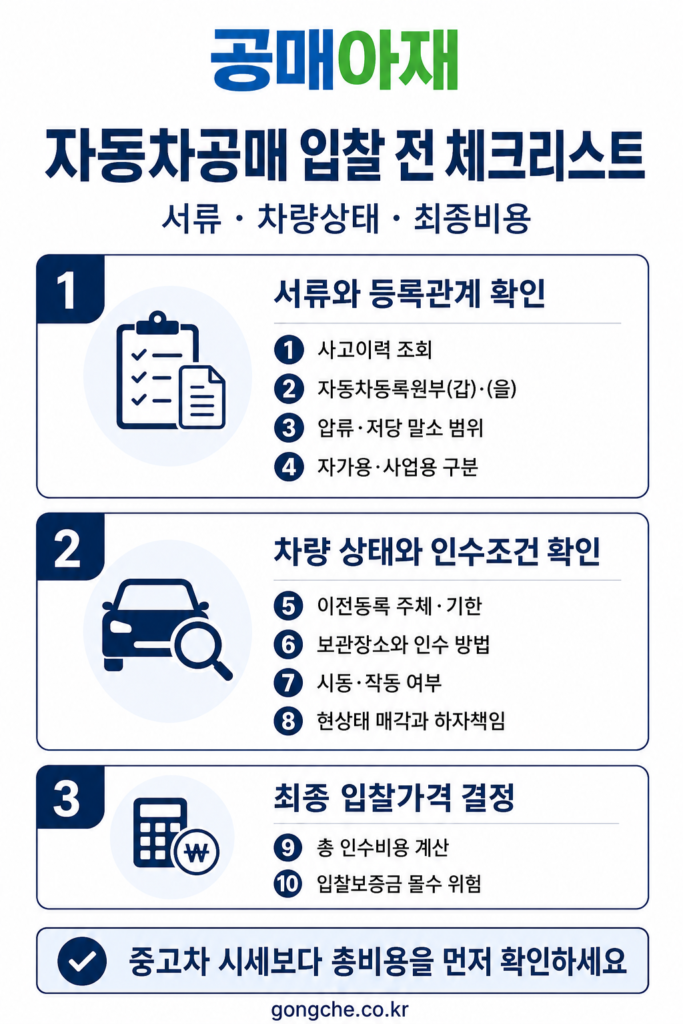 자동차공매 입찰 전 서류와 등록관계, 차량 상태와 인수조건, 최종 입찰가격을 확인하는 10가지 체크리스트