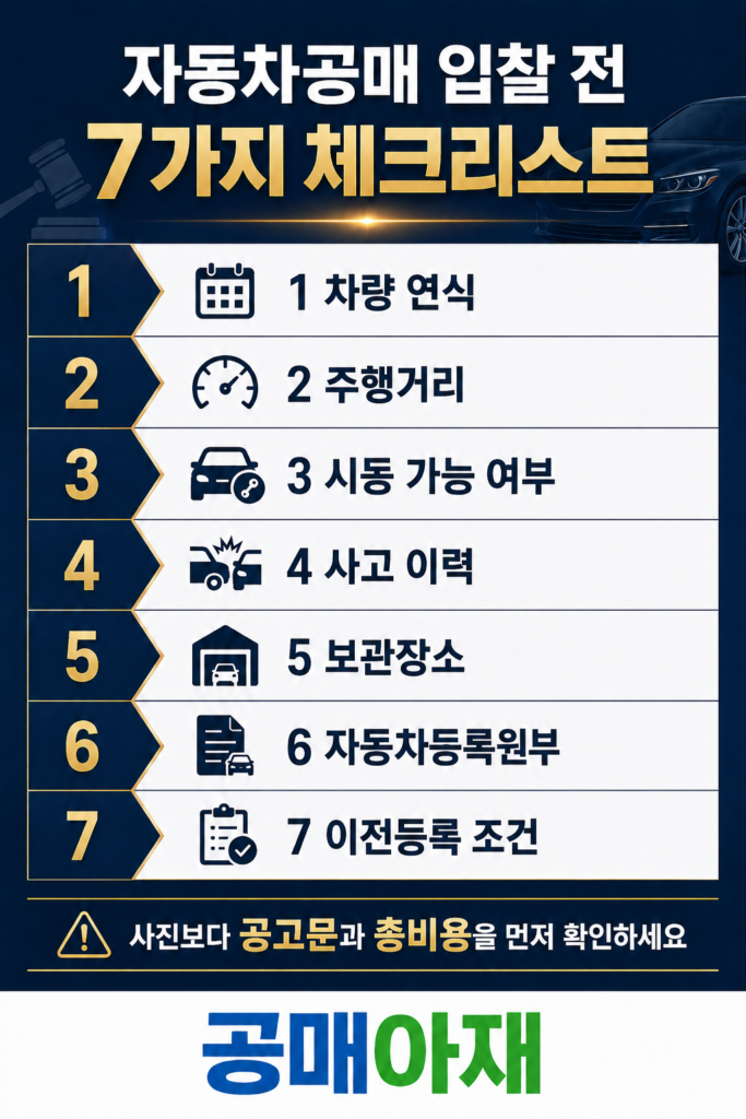 자동차공매 입찰 전 차량 연식, 주행거리, 시동 가능 여부, 사고 이력, 보관장소, 자동차등록원부, 이전등록 조건을 확인해야 한다는 체크리스트 이미지
