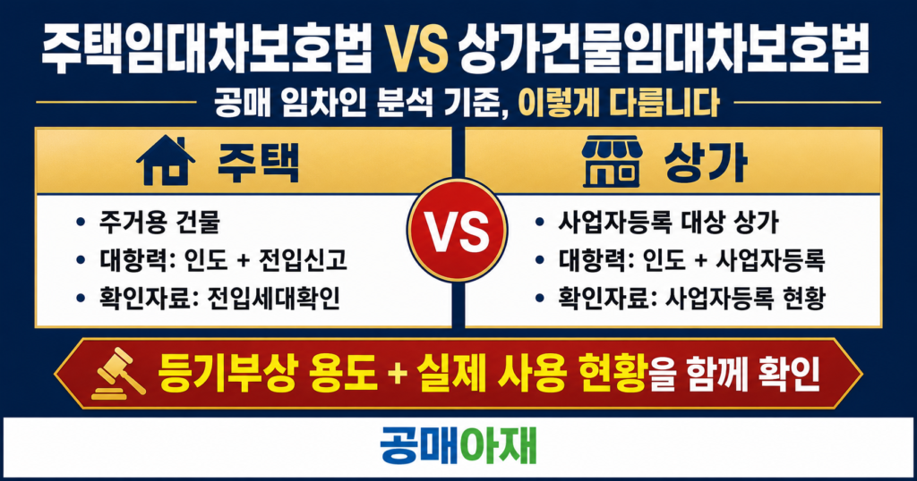 주택임대차보호법과 상가건물임대차보호법의 적용 대상, 대항력 요건, 우선변제권, 계약갱신요구권 차이를 비교한 대표 이미지