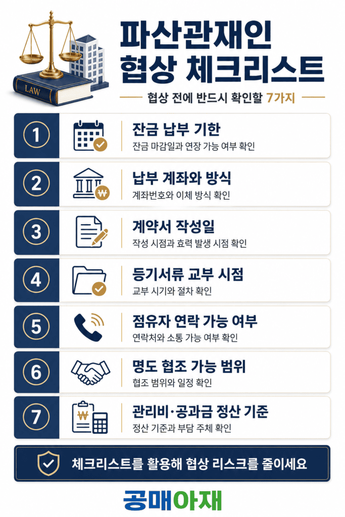 파산공매에서 파산관재인과 협상하기 전 잔금 납부 기한, 납부 계좌와 방식, 계약서 작성일, 등기서류 교부 시점, 점유자 연락 가능 여부, 명도 협조 가능 범위, 관리비와 공과금 정산 기준을 확인하는 세로형 체크리스트 이미지