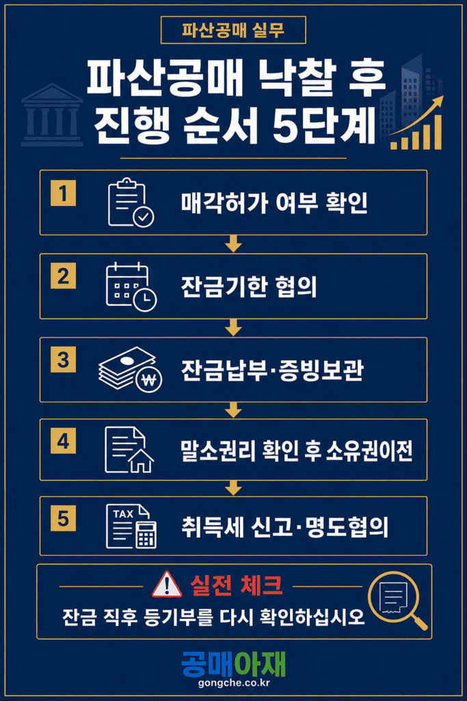 파산공매 낙찰 후 법원 허가 확인, 잔금기한 협의, 잔금 납부, 소유권이전 준비, 취득세와 명도 병행까지 5단계 진행 순서를 정리한 세로형 인포그래픽 이미지