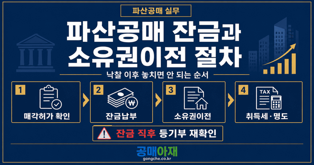 파산공매 잔금과 소유권이전 절차를 매각허가 확인, 잔금납부, 소유권이전, 취득세와 명도 순서로 정리한 인포그래픽