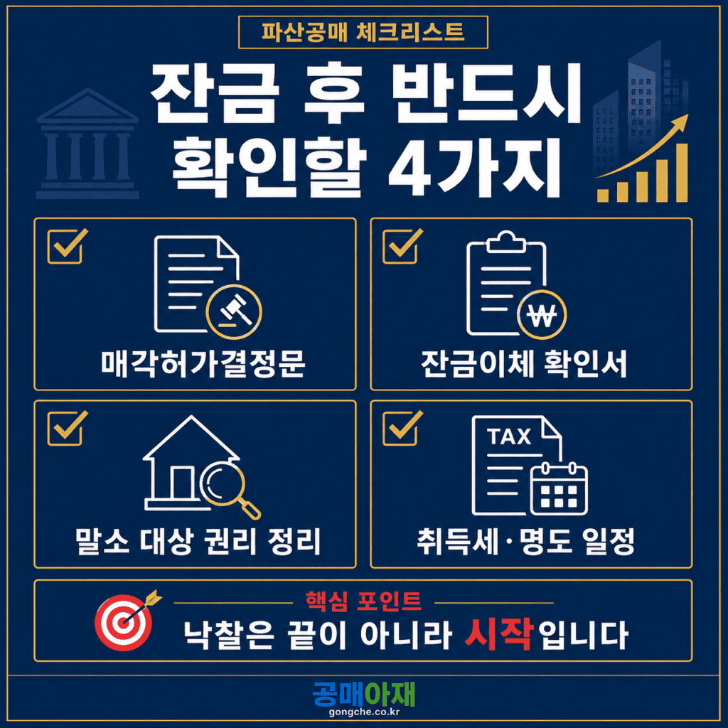 파산공매 잔금 납부 후 등기부 말소 대상 권리 확인, 소유권이전등기 완료 확인, 취득세 신고, 점유자 명도 협의, 관재인 서류 보관을 정리한 정사각형 체크리스트 이미지