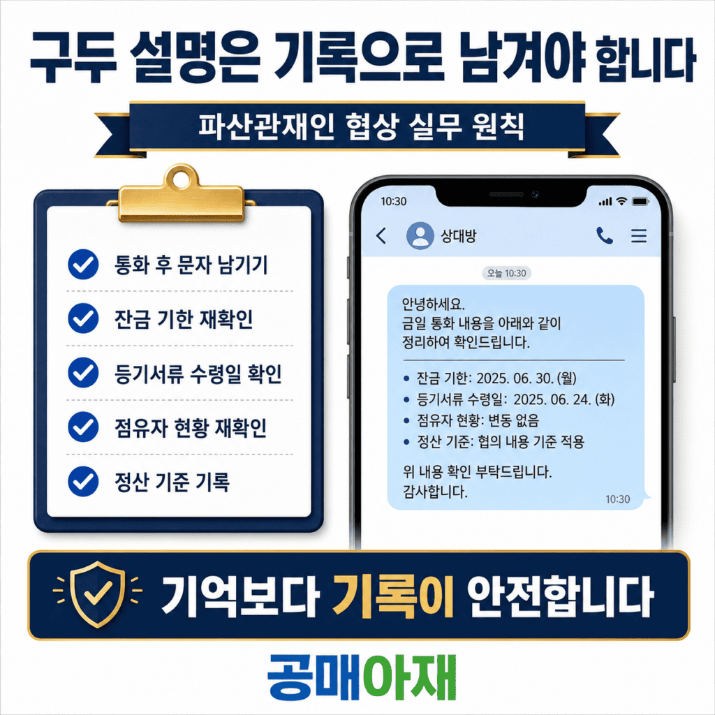 파산관재인과의 협상에서 통화 후 문자 남기기, 잔금 기한 재확인, 등기서류 수령일 확인, 명도 협조 범위 정리, 비용 정산 기준 기록이 중요하다는 실무 원칙을 정리한 정사각형 이미지