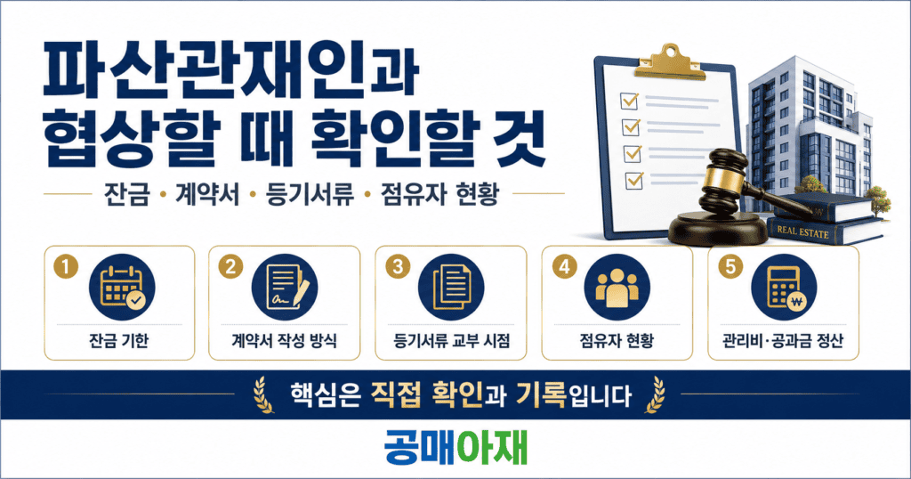 파산공매 낙찰자가 파산관재인과 협상할 때 잔금 기한, 계약서 작성 방식, 등기서류 교부 시점, 점유자 현황, 관리비와 공과금 정산 기준을 확인해야 한다는 대표 이미지