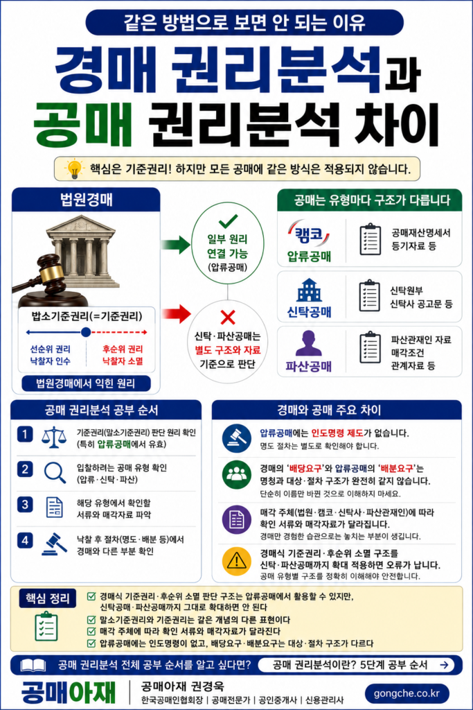 경매와 공매 권리분석 차이를 압류공매·신탁공매·파산공매의 기준권리와 확인 서류 중심으로 비교한 설명 이미지