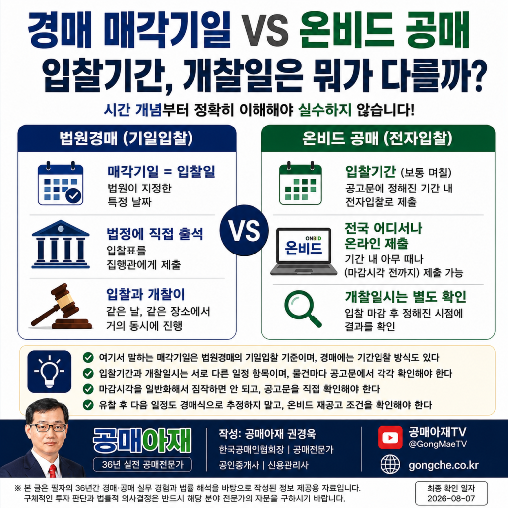 경매 매각기일과 온비드 입찰기간 개찰일 구조 비교