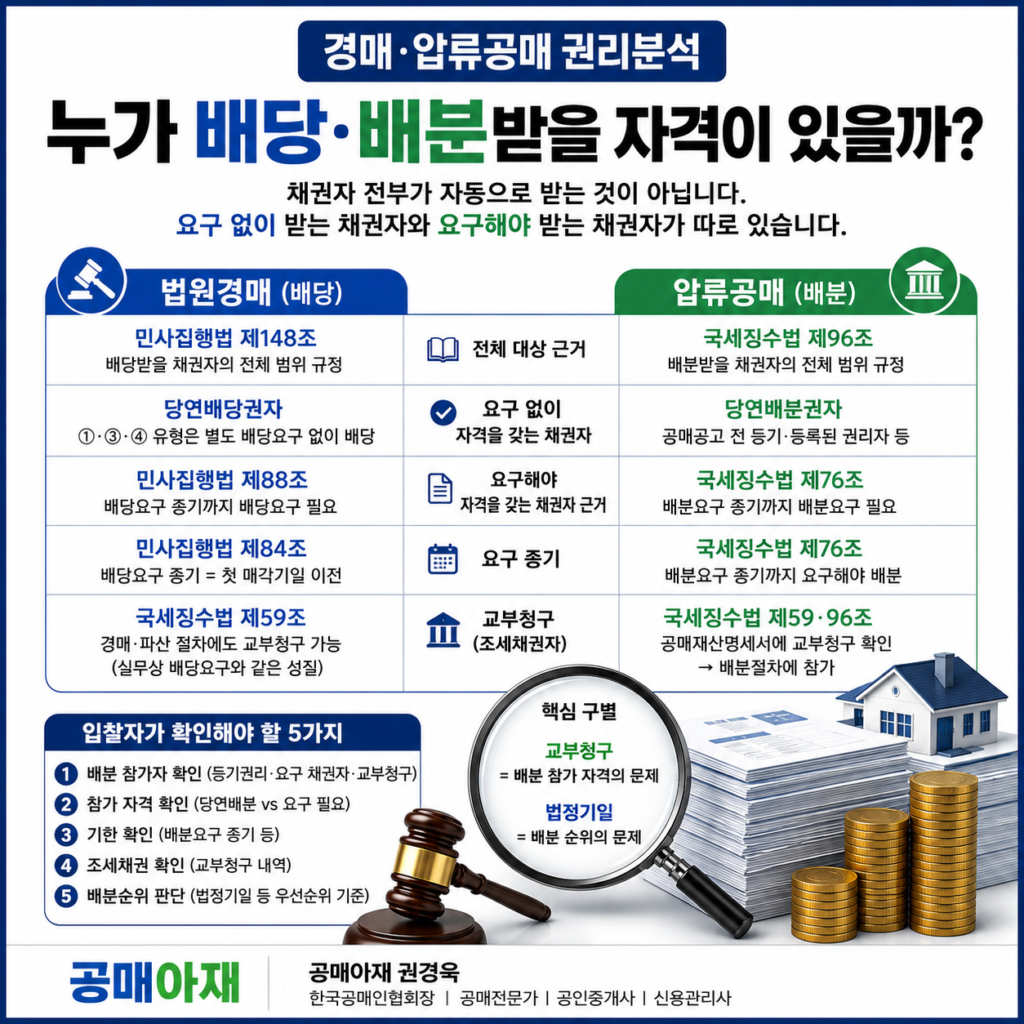경매와 압류공매에서 배당·배분받을 채권자의 자격과 당연배당권자·당연배분권자, 배당요구·배분요구, 교부청구를 비교한 권리분석