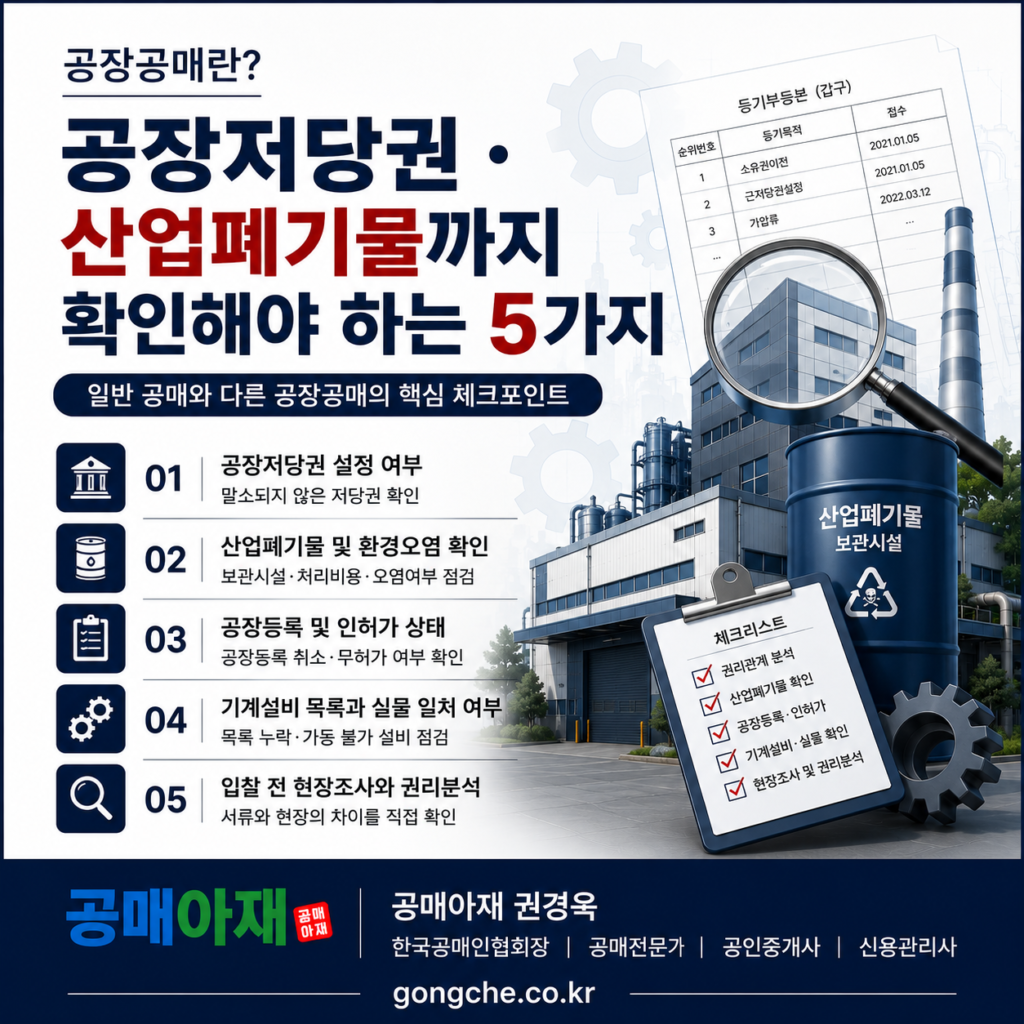 공장공매 입찰 전에 반드시 확인해야 할 공장저당권, 산업폐기물, 공장등록, 인허가, 기계설비 핵심 확인 사항