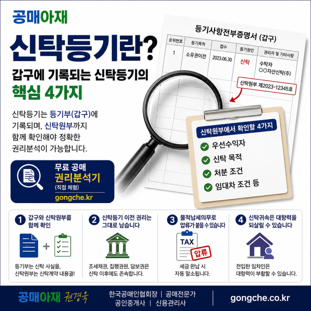신탁등기란? 갑구에 기록되는 신탁등기의 핵심 4가지와 신탁원부 확인 방법을 설명하는 공매아재 인포그래픽
